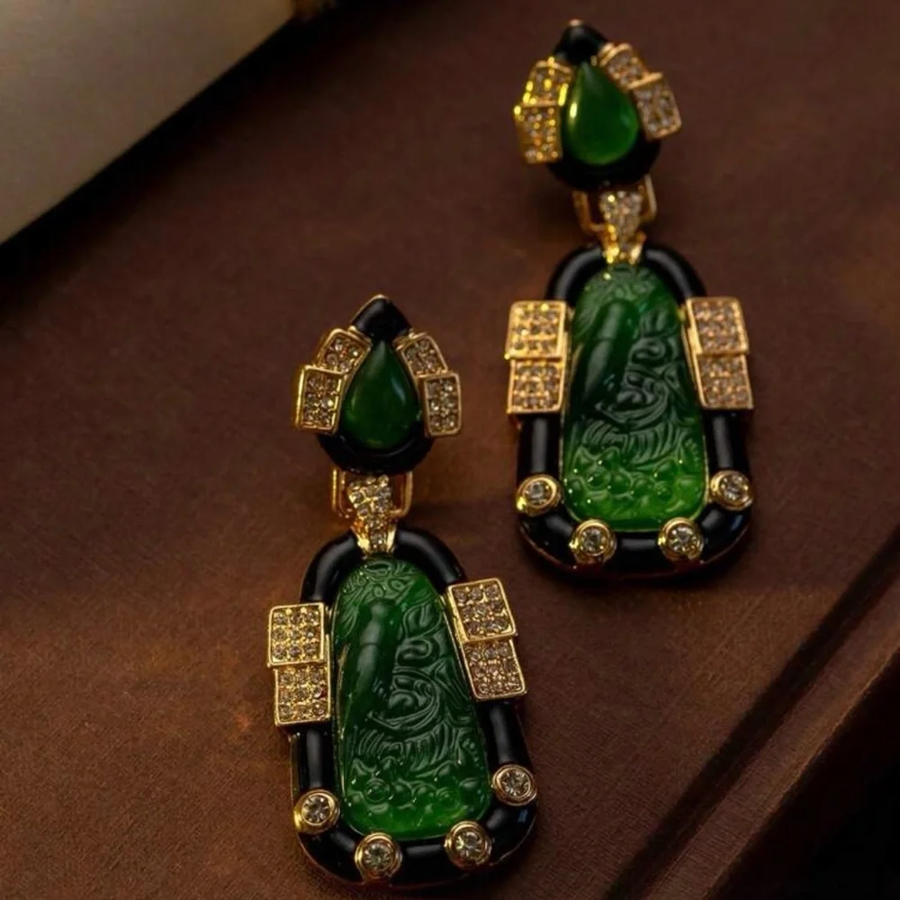 Vintage Style Faux Jade Inlaid Bird Earrings Chinese Art Deco Asian Gift NEW